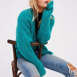 Free People Little Lies Boyfriend Mohair Turquoise Cardigan